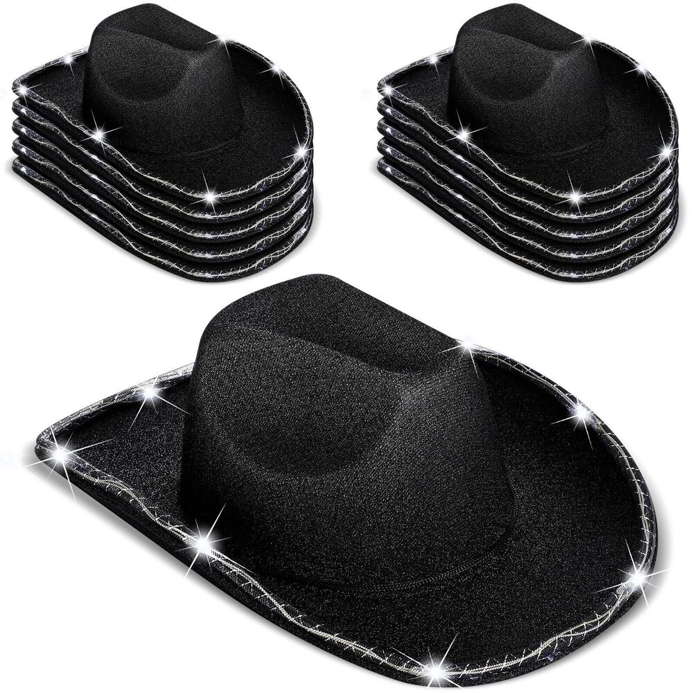 4676 10 Pcs LED Flashing Cowboy/Cowgirl Hat for Western Role Play Black